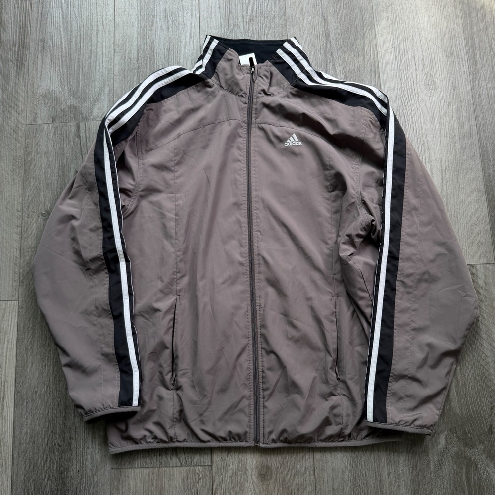 Adidas Mens M Gray ClimaProof Track Jacket 3 Stripe Windbreaker Full Zip Logo